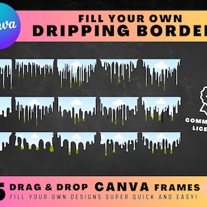 May include: Fifteen Canva frames with dripping borders. The frames are white with a blue sky and clouds at the top. The borders are dripping with white, green, and blue paint. The text "FILL YOUR OWN DESIGNS SUPER QUICK AND EASY!" is at the bottom of the image.