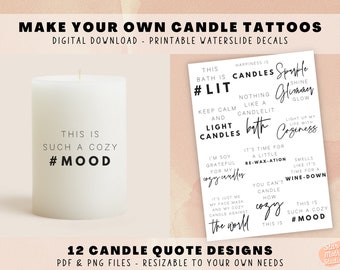 Make Your Own Candle Tattoos - Printable PDF PNG Print Files, Candle Quotes Sayings, Waterslide Decals Sublimation, Decorate Candle DIY