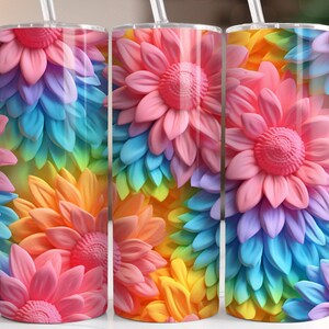 3D Colorful Rainbow Flowers 20oz Skinny Tumbler Sublimation Design Digital Download PNG 3D Floral 20oz Skinny Tumbler Wrap PNG