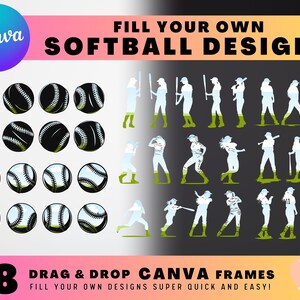 Op de afbeelding: 38 softball-ontwerp sjablonen voor Canva. De sjablonen bevatten zwart-witte softball afbeeldingen met een witte omtrek. De sjablonen zijn ontworpen om te worden ingevuld met uw eigen ontwerpen. De tekst "FILL YOUR OWN SOFTBALL DESIGNS" staat bovenaan de afbeelding. De tekst "DRAG & DROP CANVA FRAMES" staat onderaan de afbeelding. De tekst "FILL YOUR OWN DESIGNS SUPER QUICK AND EASY!" staat onder de tekst "DRAG & DROP CANVA FRAMES".