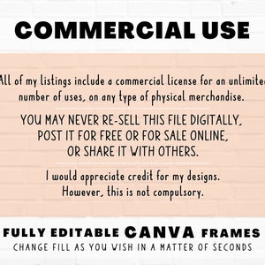 May include: Text on a peach-colored brick wall background reads "COMMERCIAL USE" followed by a paragraph explaining the commercial license included with the purchase of the product. The text continues with "YOU MAY NEVER RE-SELL THIS FILE DIGITALLY, POST IT FOR FREE OR FOR SALE ONLINE, OR SHARE IT WITH OTHERS." The text concludes with "FULLY EDITABLE CANVA FRAMES CHANGE FILL AS YOU WISH IN A MATTER OF SECONDS" and a logo that reads "Star Moth Studio".