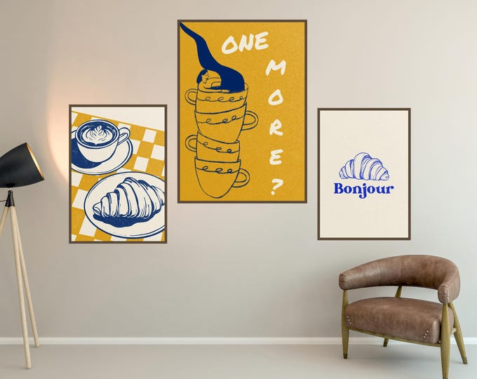 Featured listing image: Coffee Corner Wall Art Set | Kitchen Prints | Minimalist Cafe Posters | Bonjour Croissant & Coffee Cup Artwork | Modern Home Decor