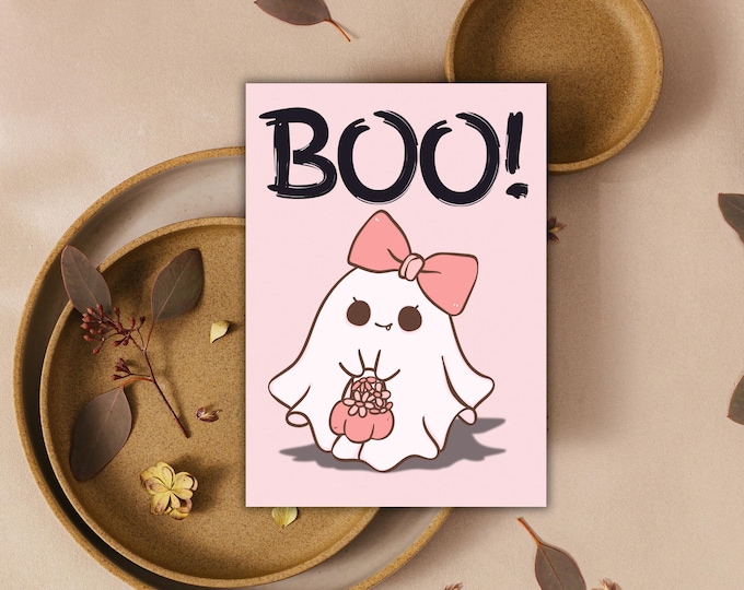 Featured listing image: Pink Ghost Halloween Cards Set of 3 | Cute Spooky Greeting Cards | Trick or Treat, BOO, Spooky Ghost Aesthetic | Digital Printable Decor