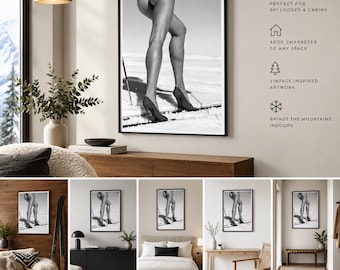 Black and White Ski Fashion Print, High Heel Ski Wall Art, Fashion Photography Poster, Modern Ski Lodge Decor, Editorial Winter Art
