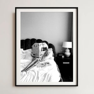 Bedtime News Reading Poster Print, Black and White Vintage Modern Art Photography, Fashion Poster, Vintage Print, Photography Prints, Canvas