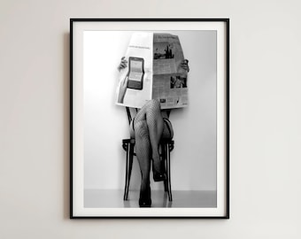 Sexy Woman Reading News Print, Black and White Reading Art, Minimalist Print, Woman Reading Print, Women Reading Newspaper Print, Digital