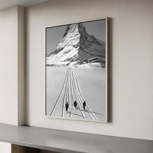 Vintage Skiers Matterhorn Printable Wall Art, Black and White Alpine Mountain Photo, Zermatt Switzerland Ski Decor, Instant Download