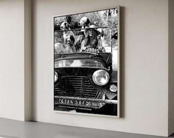 Französische Riviera Vintage Foto druckbare Kunst, schwarz und weiß Mini Moke Auto Druck, Saint Tropez Hunde Portrait, Sofort Download