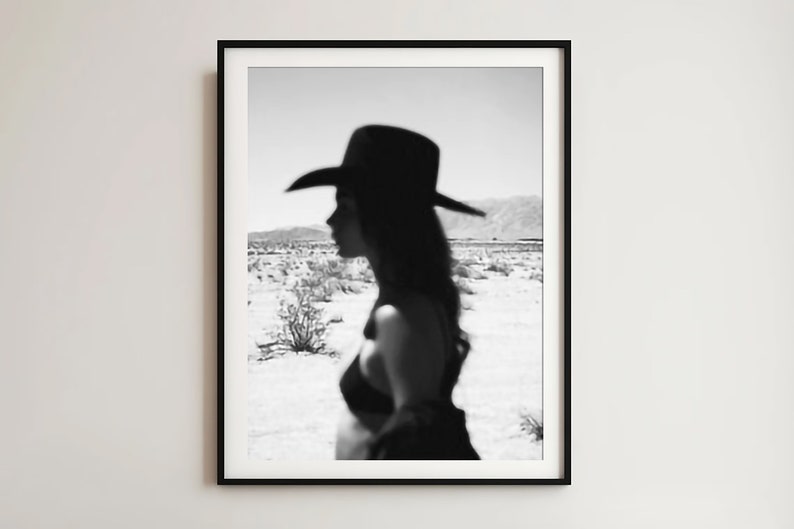Vintage Desert Cowgirl Western Aesthetic Wall Art Print - Black and White Film Photography
