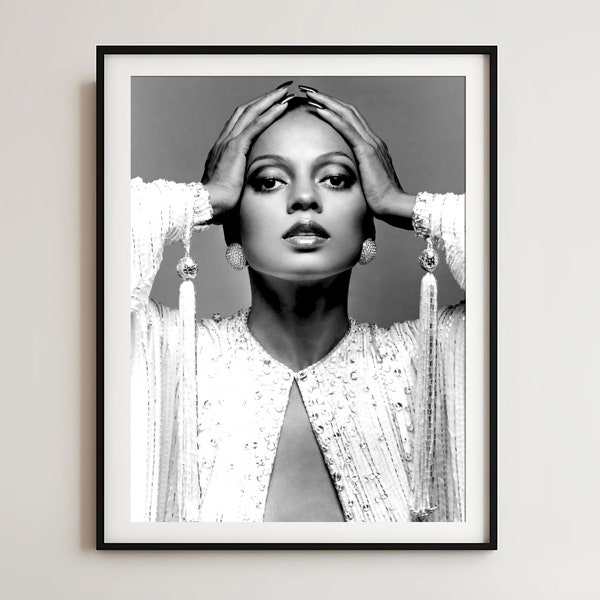 Diana Ross Print, Black And White Poster, Diana Ross Art, Diana Ross In Fancy White Dress, Black And White Wall Art, African American Art