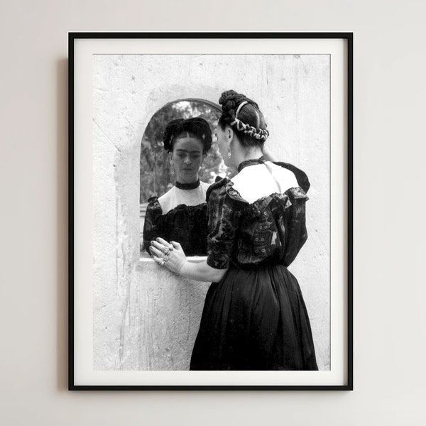 Frida Looking Into Mirror Photo, Frida Wall Art, Rare Black & White Photograph, Mexican Artist, Feminism Gifts, Girl Power Print, Woman Art