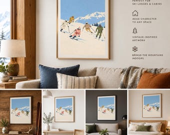 Vintage Ski Poster Print, Retro Snow Mountain Wall Art, Colorful Skiers Illustration, Mid Century Winter Decor, Alpine Cabin Artwork