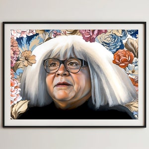 May include: A painting of a woman with white hair wearing glasses and a black shirt. She is surrounded by colorful flowers.