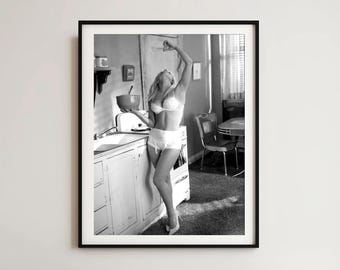 Woman Eating Spaghetti Print: Black and White Kitchen Wall Art (Digital Download