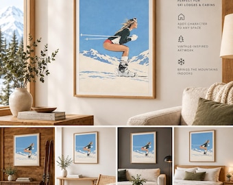 Vintage Ski Wall Art Print, Retro Female Skier Poster, Alpine Winter Mountain Decor, Mid Century Style Ski Lodge Artwork