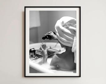 Champagne Bath Art Print: Modern Woman in Tub (Digital Download)