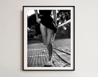 Vintage Tennis Girl Print: Black & White Sports Art (Digital Download)