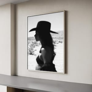 Black and White Cowgirl Silhouette Printable Wall Art, Vintage Western Desert Photo, Cowboy Core Decor, Minimal Boho Poster Download