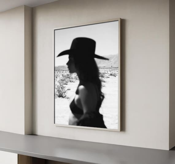 Black and White Cowgirl Silhouette Printable Wall Art, Vintage Western Desert Photo, Cowboy Core Decor, Minimal Boho Poster Download