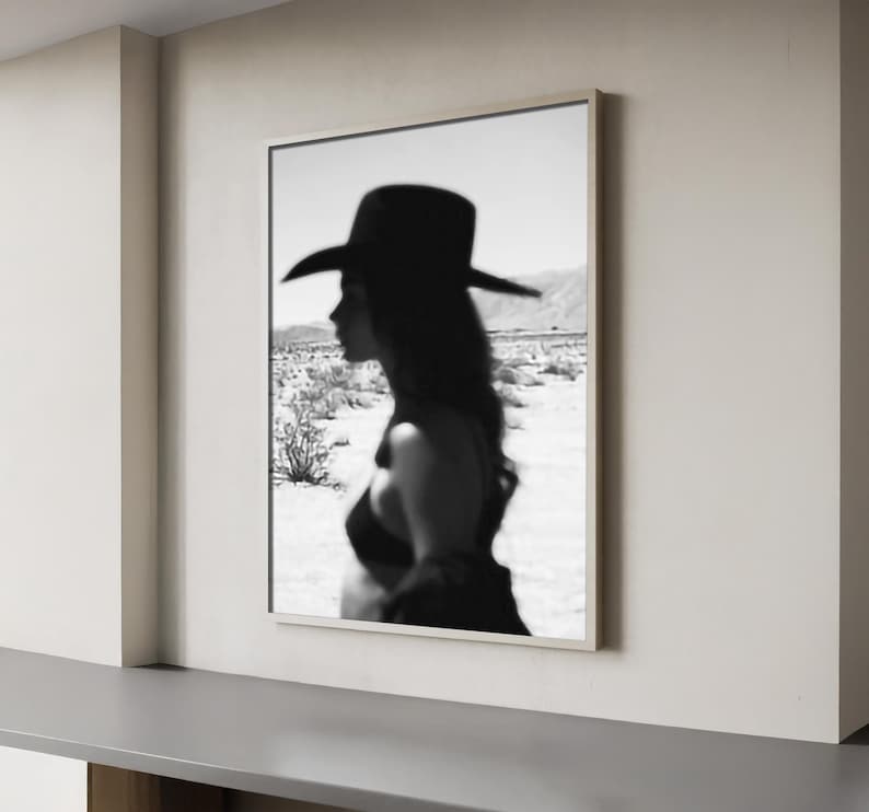 Black and White Cowgirl Silhouette Printable Wall Art, Vintage Western Desert Photo, Cowboy Core Decor, Minimal Boho Poster Download image 1