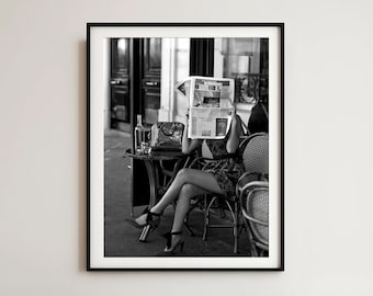 Woman Reading Newspaper Print: Black and White Vintage Wall Art (Digital Download)
