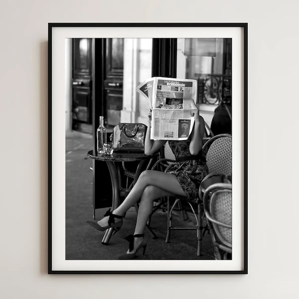 Woman Reading Newspaper Print, Black and White, Wall Hanging, Vintage Poster, Luxury Fashion, Bedroom Wall Decor, Vintage Prints, Wall Art