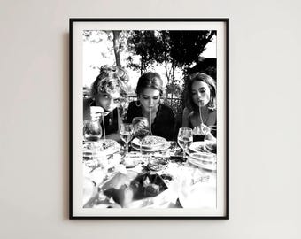 Funny Retro Women Eating Pasta Print: Black & White Foodie Art (Digital Download)