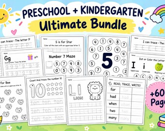 Preschool Kindergarten Worksheets Bundle, 600+ Printable Learning Activities, Alphabet & Number Tracing, Homeschool Teacher PDF