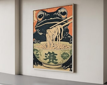 Funny Frog Ramen Printable Wall Art, Vintage Japanese Food Poster, Kitchen Noodle Decor, Instant Digital Download