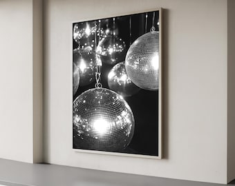 Black and White Disco Ball Printable Wall Art, Retro Party Photo Print, Bar Cart Decor, Instant Digital Download