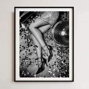 カクテルとディスコボールのポスター | 白黒ファッション写真 | バーカートプリント | 女の子の部屋の装飾用シャンパンウォールアート