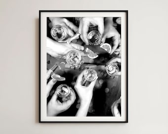 Tequila Cheers Print, Black and White Cocktail Art, Vintage Bar Decor, Funky Alcohol Digital Download, Trendy House Warming Gift, Retro Bar