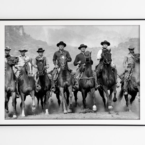 Die glorreichen Sieben, Schwarz-Weiß, 1960 Druck, Yul Brynner, Steve McQueen, Charles Bronson zu Pferd, Cowboy-Fotodruck, Wandkunst