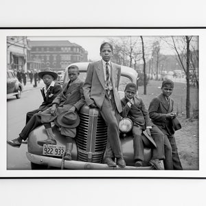 Negro Boys, Black and White Poster, South Side, Chicago, Five Boys on Car, Easter Morning, Sunday Best 1941, Russell Lee, African American
