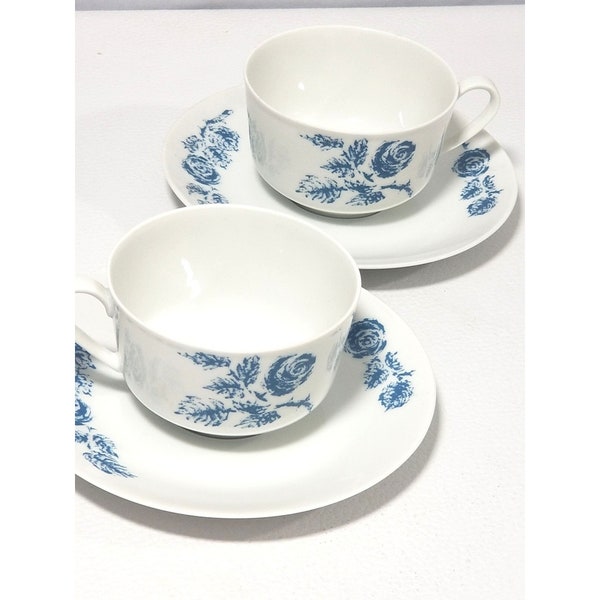 RARE Vintage Arzberg Germany Tea Cups Saucers Royal Blue Roses Pattern 44 MCM 2