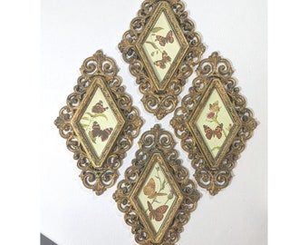 Burwood Wall Hanging Plaques Diamond Butterfly Floral Pattern Vintage MCM Set 4