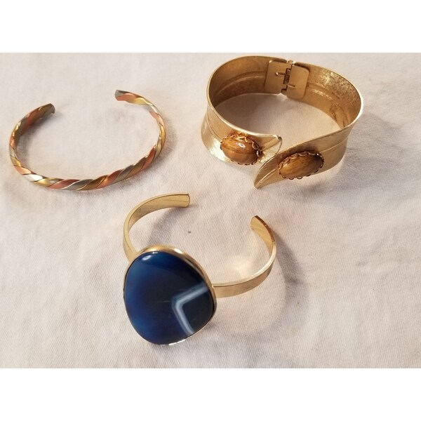 Vintage Cuff Bracelets Gold Tone Blue Stone Brown Cabochon Tri Color Twist Lot 3