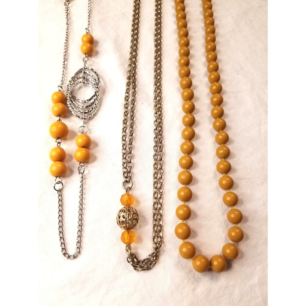 Vintage Necklaces Mustard Goldenrod Silver Tone Gold Tone Filigree Beaded Set 3