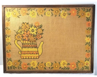 Vintage Tandy Corp Flower Pitcher Orange Brown Yellow Bulletin Board Burlap