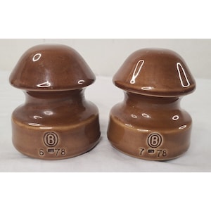 Vintage 2 Brown Glaze Ceramic Insulator Mark &quot;B&quot; Sequential Numbers 6-78 & 7-78