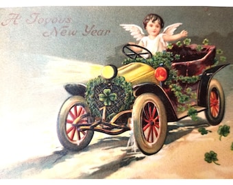 Antik EAS Geprägte Postkarte A Joyous New Year Automobile Engel 1910