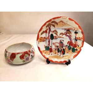 Vintage Japanese Porcelain Trinket Bowl Plate Red Green Pink Heavy Glaze Set 2