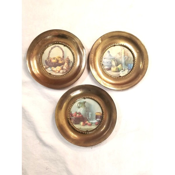 3 Vintage Miniature 6" Brass Frame Still Life Prints Glass Made In England