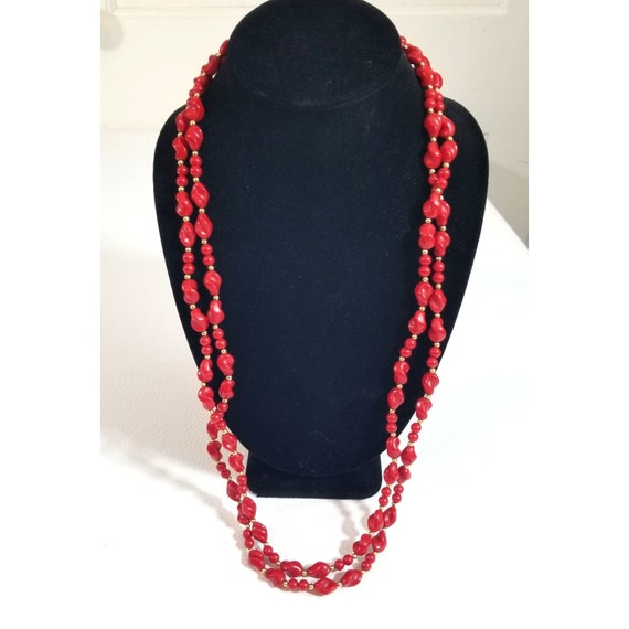 Vintage Trifari Long Red Beaded Double Strand Nec… - image 2