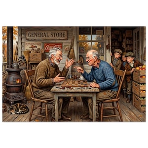 May include: An illustration of two elderly people playing checkers at a wooden table inside a general store. One person wears a brown sweater, the other a blue sweater. A cat sleeps on the floor near a wood stove. Two children watch from a doorway.