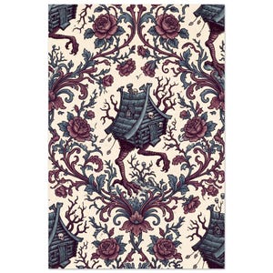 May include: A whimsical illustration featuring a walking house with bird-like legs, adorned with skulls and a wooden facade. The design is set against a cream background with a repeating pattern of roses and ornate foliage in shades of purple and blue.