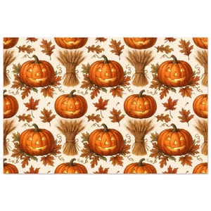 May include: A repeating pattern on a light cream background featuring orange jack-o'-lantern pumpkins with glowing faces, bundles of golden wheat, and brown autumn maple leaves. The design includes swirling vine details between the seasonal elements.