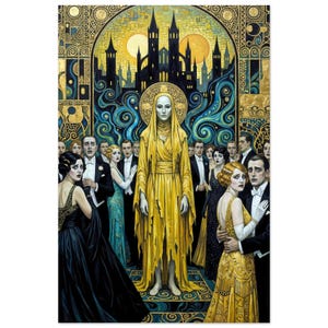 Könnte beinhalten: Ein Kunstdruck im Art-Deco-Stil mit einer zentralen Figur in einem goldenen Gewand, umgeben von Menschen in formeller Kleidung. Der Hintergrund zeigt eine dunkle Schloss-Silhouette, zwei Monde und wirbelnde blaue Muster mit goldenen Akzenten.