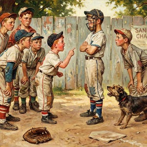 Może przedstawiać: Obraz w stylu vintage przedstawiający scenę z baseballu. Grupa młodych chłopc&oacute;w w mundurach baseballowych zbiera się na ziemnym boisku. Pies stoi blisko łapacza. Znak głosi "SANDLOT CHAMPS". Rękawica baseballowa i baza domowa leżą na ziemi.