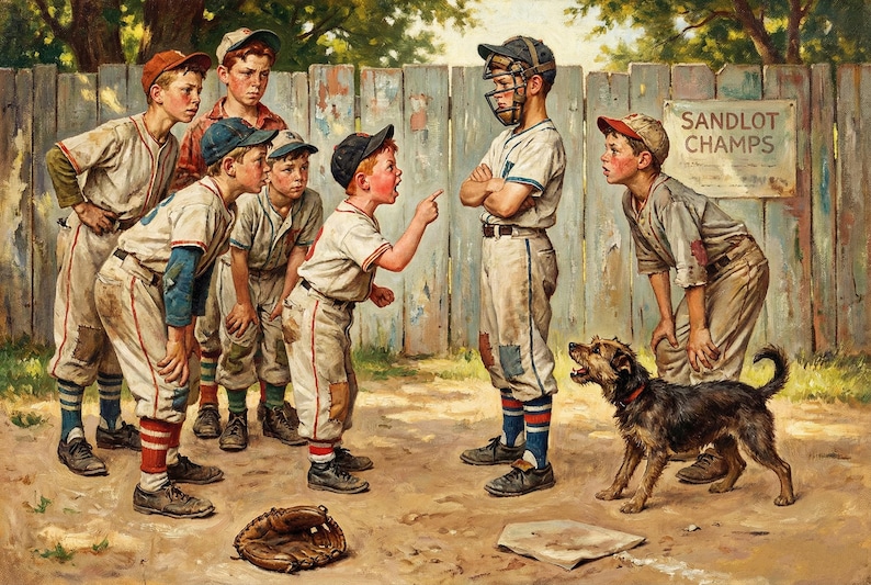 Może przedstawiać: Obraz w stylu vintage przedstawiający scenę z baseballu. Grupa młodych chłopc&oacute;w w mundurach baseballowych zbiera się na ziemnym boisku. Pies stoi blisko łapacza. Znak głosi "SANDLOT CHAMPS". Rękawica baseballowa i baza domowa leżą na ziemi.